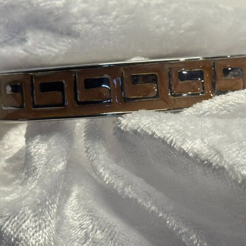 Vintage Greek Key Hinged Bangle Bracelet | Silver & Black Enamel